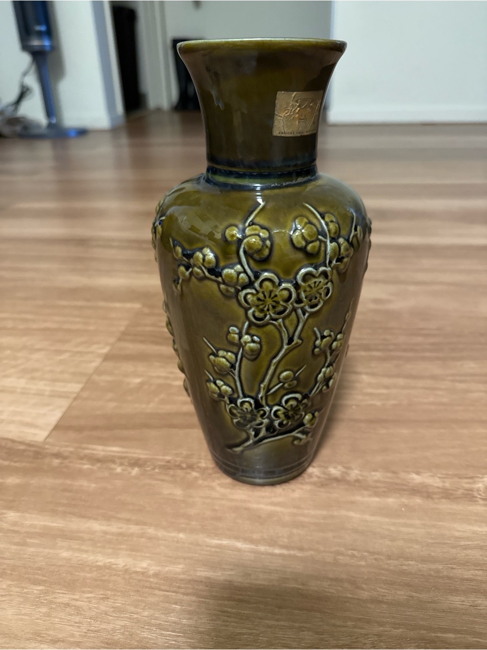 Mid Century Modern Olive Green Ceramic Cherry Blossom Vase